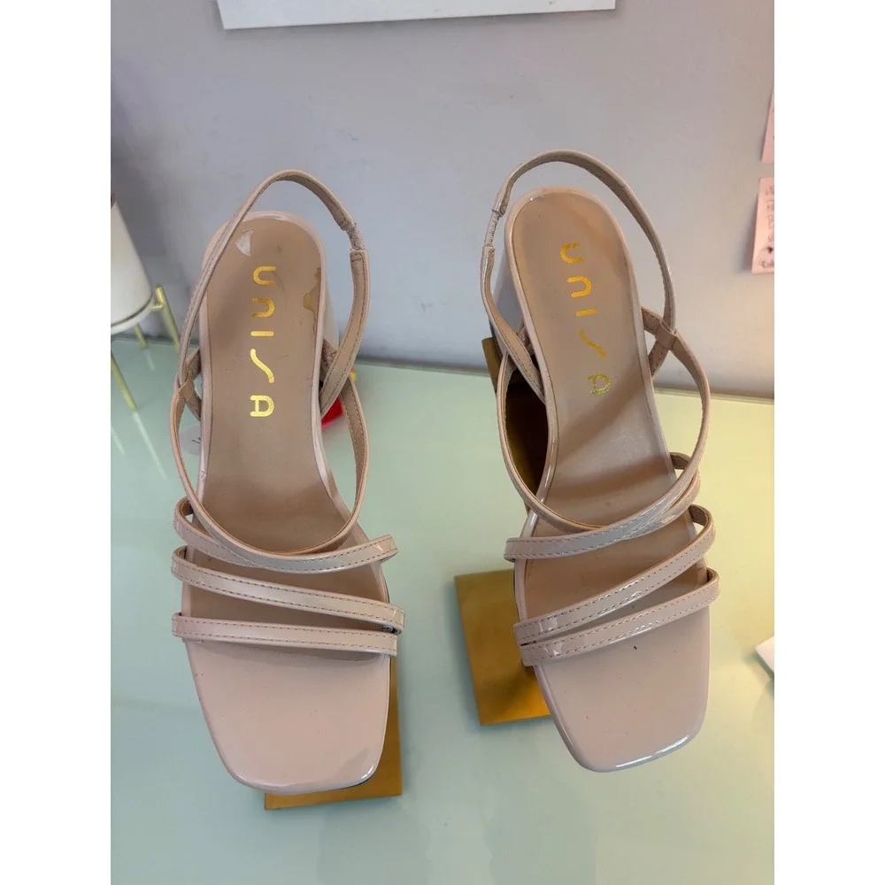 Unisa Sandals Strappy Beige Patent Block Heel Minimalist 6.5M